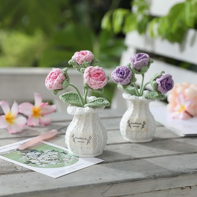 YOOJEE Crochet Rose Flower Potted Plant – Pink, Valentines Day Gift for Her, Handmade Knitted Romantic Desk Decor