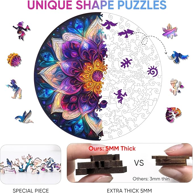 Delobil Jigsaw Puzzles for Adults, Colorful Mandala Flower Wooden Puzzles 200 Pieces, Geometric Art Blue Round Jigsaw Puzzles for Adults and Kids, Family Puzzle Games Gift 11.2 * 11.2