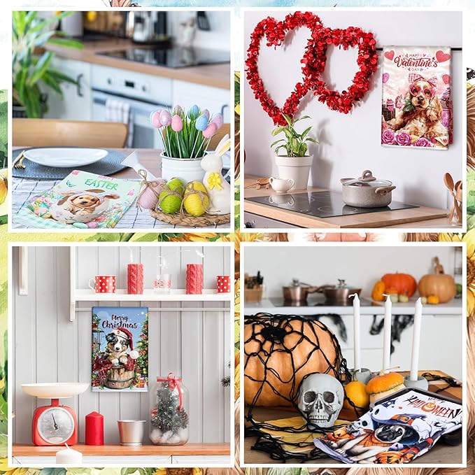 Peryiter 12 Pcs Seasonal Kitchen Towels Set for All Holidays, Seasonal Hand Dish Tea Towels Bulk Valentine's Day Absorbent Dishcloths Housewarming Gift for Cooking Kitchen Bathroom(Cute Dog)