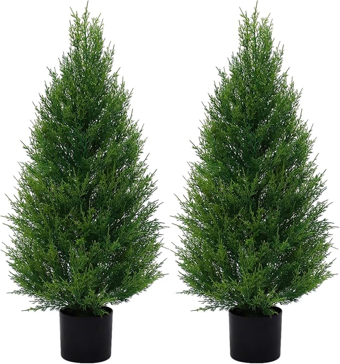 VIVATREES 2Pack 3ft Outdoor Artificial Cedar Topiary Trees, All-Weather Faux Pine for Home Porch Entryway Decor
