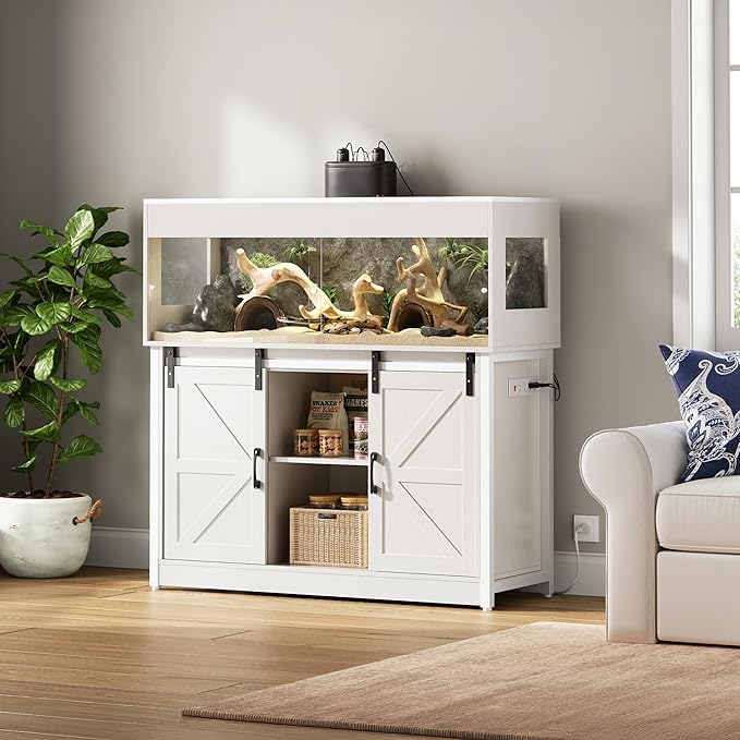 Herture 60 Gallon Reptile Terrarium with Stand, Terrarium Enclosure with Acrylic Doors, Storage Cabinet with Barn Door, Mesh Lid & Power Outlet – Vivarium Habitat for Medium Reptiles White PX05RTW
