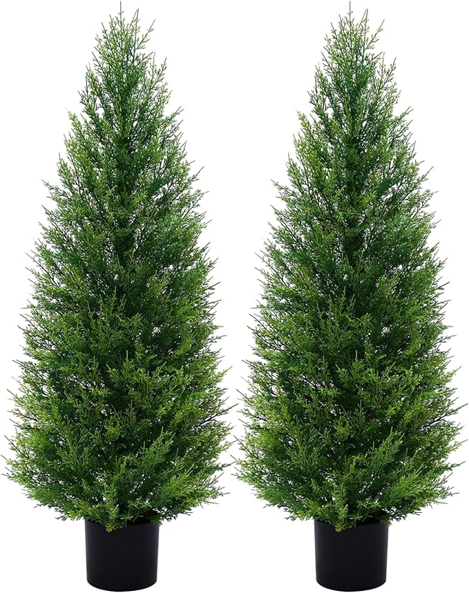 VIVATREES 2Pack 4ft Outdoor Artificial Cedar Topiary Trees, All-Weather Faux Pine for Home Porch Entryway Decor