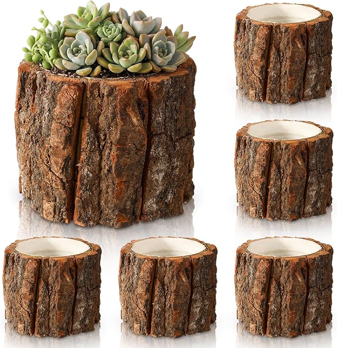 6 Pcs Wooden Vase for Centerpieces Woodland Table Decor Wooden Flower Vase Rustic Bark Stump Buckets Vintage Wood Planter Pots for Garden Party Wedding Window Home Farmhouse (Small)