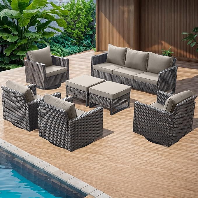 Rilyson Wicker Outdoor Patio Furniture Set - 7 Piece Patio Conversation Set with 4 Swivel Rocker Chairs,2 Rattan Ottoman and 1 Couch for Outside Porch Deck Backyard(Brown/Grey)
