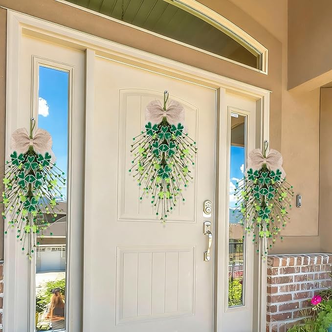 2 PCS St.Patrick's Day Swag Wreath for Front Door St. Patricks Day Teardrop Swags Artificial Felt Shamrock Kitchen Cabinet Swags Wreaths with Green Irish Clover Hanging Decor for Home Wall Window