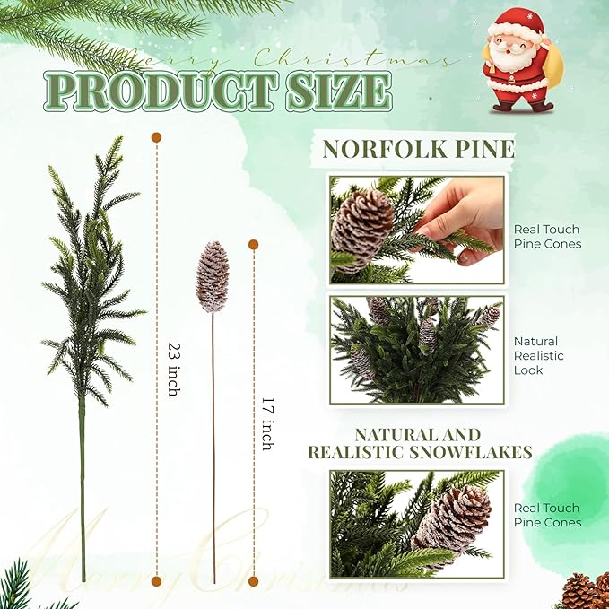 24 Pcs 23 Inch Christmas Realistic Norfolk Pine Branch Set with Pine Cones Stems Artificial Green Plants Branches Faux Greenery Stem Fake Cedar Picks for Vase DIY Garland Wreath Home Decor