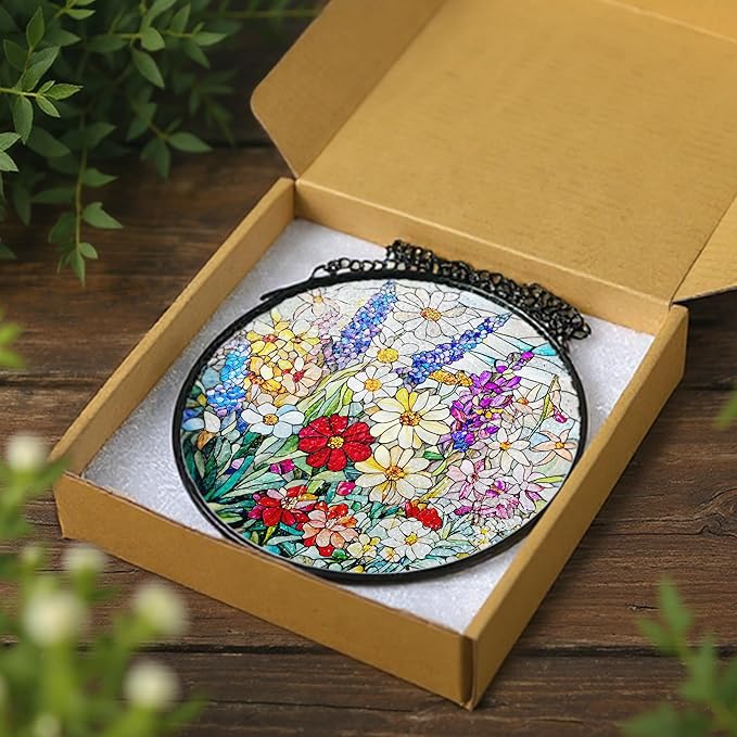 Stained Glass Window Hanging, 8 Inch Wildflower Stained Glass Suncatcher, Suncatchers for Windows Hanging, Wildflower Window Decor, Florist Gift, Flower Lover Gifts, Gifts for Mom, Grandma