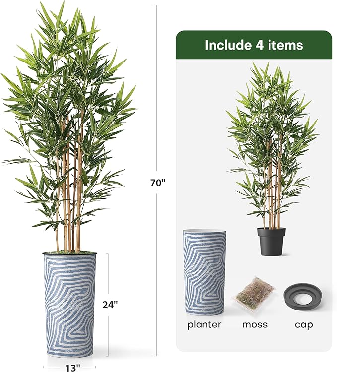 Artificial Tree in Contemporary Geometric Pattern Planter, Fake Bamboo Silk TRE for Indoor and Outdoor Home Decoration - 70" Overall Tall (Plant Pot Plus Tree)