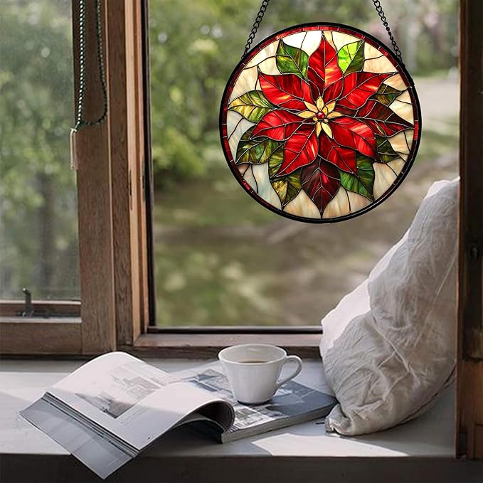 HWRHTR Stained Glass Window Hanging - Red Poinsettia Birth Flowers Suncatcher for Door Garden Yard Sun Catchers Decor Christmas Mother's Day Birthday Gifts for Women Mom Nana Teacher Friend 7.8 in