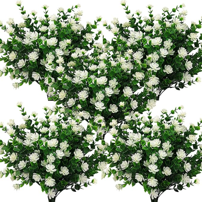 Grunyia 10 Bundles Artificial Fake Flowers, Faux Outdoor Plastic Plants UV Resistant Shrubs Outside Indoor Decorations (White-Eucalyptus)