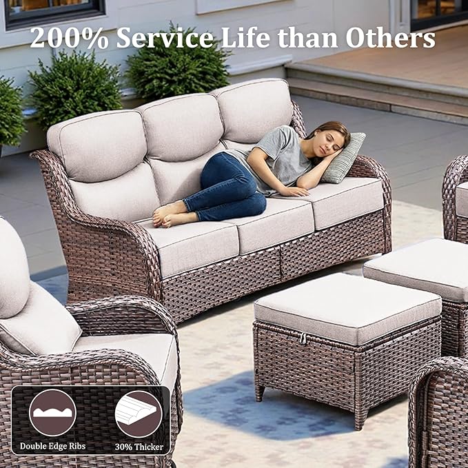 Luxury High Back Patio Furniture Set with 6-Inch Thick Cushions, 6-Pieces Outdoor Furniture with Swivel Chairs, Wicker Conversation Set for Porch, Balcony, Deck and Yard, Brown/Beige