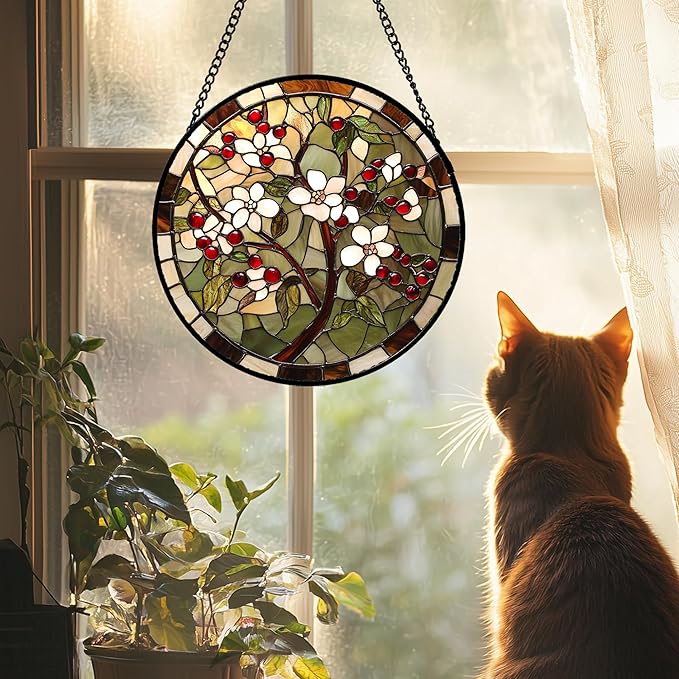 CRIS GIF Stained Glass Window Hanging - Hawthorn Tree Birth Flowers Suncatcher for Doors Garden Patio Sun Catchers Decor Christmas Mother's Day Birthday Gifts for Women Men Mom Nana Friend 9.8 in