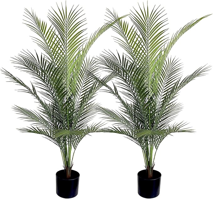 Artificial Palm Tree 4FT Fake Palm Tree with 15 Trunks Perfect Faux Dypsis Lutescens Plants in Pot for Indoor Outdoor House Home Office Garden Modern Decor Housewarming Gift (2Pack)