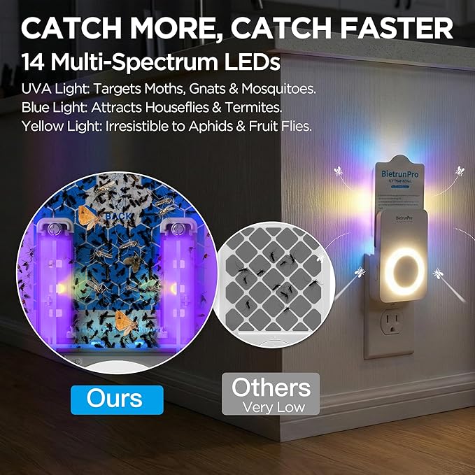 Fruit Fly Traps for House Indoor(1 Device+5 Refills) with Night Light, Quiet, 3 in 1 Plug-in Insect Gnat Traps Fruit Flying Traps, Easy Setup for Home & Kitchen, 7 * 24hrs Pest Control