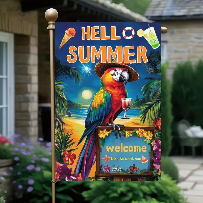 Hello Summer Garden Flag 12x18 inch Double Sided Tropical Parrot Flags Beach Welcome Themed Banner Colorful Summer Outdoor Decor for Yard Patio Garden Holiday Decoration