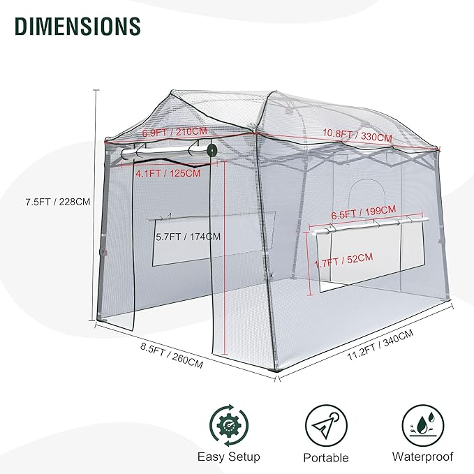 11 x 8.5 x 7.5 FT Walk-in Greenhouse, Portable Pop-up Greenhouse for Indoor Outdoor, Plant Garden Green House with Zippered Doors, Screen Windows, Heavy Duty Frame and Durable PE Cover