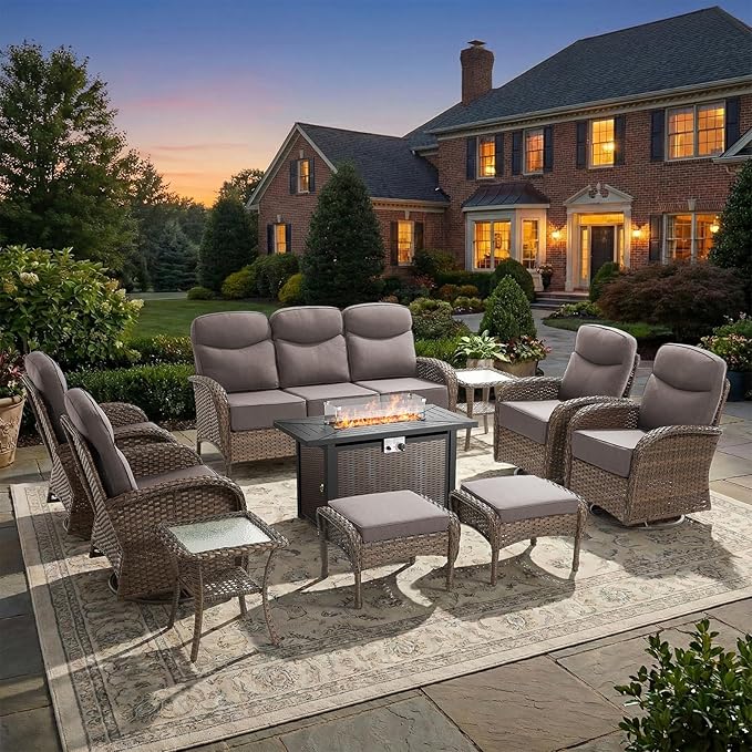 Luxury Patio Furniture Set with Fire Pit Table, Outdoor Furniture Set with High Back Swivel Chairs & 6-inch Thick Cushions, 10 PCS Fire Pit Patio Set for Yard, Deck, Poolside, Brown/Grey