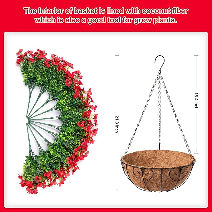 Artificial Flowers Hanging Basket for Outdoor Indoor Spring Summer Decoration,Fake Silk Colorful Daisy Eucalyptus in 12" Coconut Lining Flowerpot Arrangement for Home Patio Yard Decor(Red)