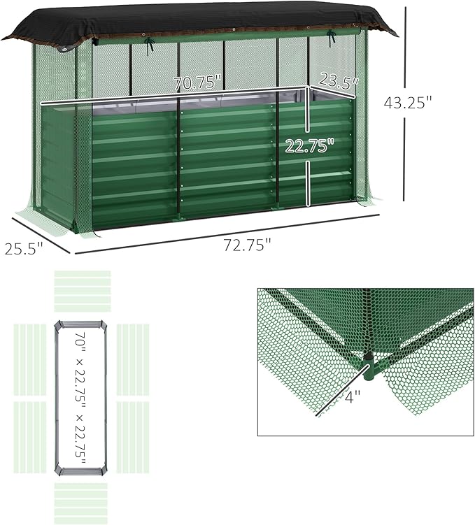 Outsunny 5.9 x 2 x 1.9 ft Galvanized Raised Garden Bed with Crop Cage Plant Protection Net and Shade Cloth Roof, Metal Planter Box with Cover for Vegetables, Flowers, Herbs, Green