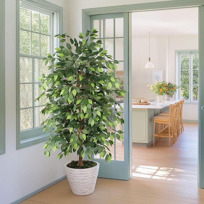 AQUGQ Ficus Tree Artificial 6ft, Tall Fake Tree with Realistic Leaves & Trunk, Artificial Tree for Home Office Living Room Decor Indoor Outdoor.