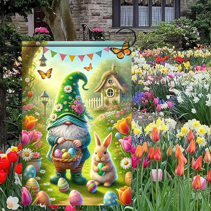 Easter Garden Flag 12x18 Inch Double Sided Happy Easter Eggs Outdoor Decoration Yard Flag Cute Dwarf Rabbit Garden Flag Welcome Easter Outdoor Decoration Spring Farmhouse Holiday