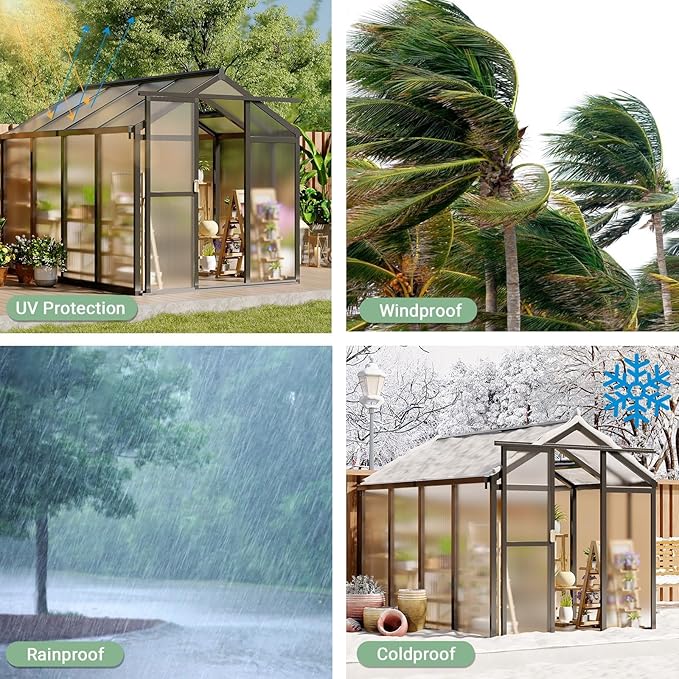 Greenhouse, 6x8 ft Greenhouse for Outdoors, Walk-in Green House with Ground Nails and Vent Windows, Sliding Lockable Door, Polycarbonate Green House for Outside Garden Backyard, Quick Setup, Black