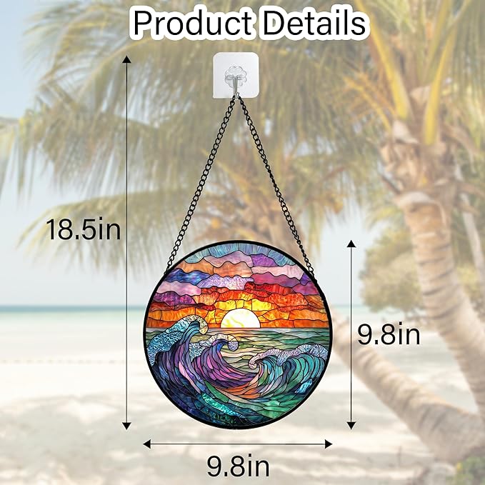 DASTOLL Stained Glass Window Hanging, Clouds and Sea Waves Suncatcher Diamond Glass Panel Hangings Scenery Sun Catchers Decor for Birthday for Women, Men, Wife, Aunt, and Mom 7.8 in