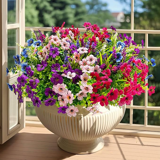 Besteek 20 Bundles Artificial Flowers for Outdoors Decoration Fake Silk Flowers UV Resistant Faux Plants Artificial Daisy Eucalyptus for Spring Summer Garden Yard Porch Window Home Decor, Mixed