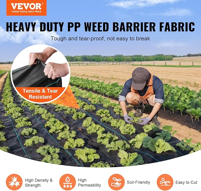 VEVOR 4FTx300FT Premium Heavy Duty Weed Barrier Landscape Fabric, 3.2OZ Woven Geotextile Fabric Under Gravel, High Permeability for Weed Blocker Weed Mat, Driveway Fabric, Weed Control Garden Cloth