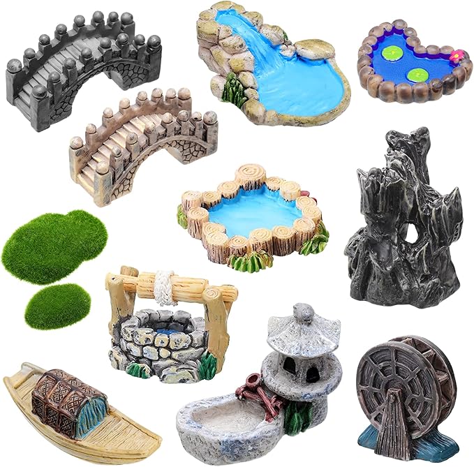 Jetec 12 Pcs Garden Accessories Miniature Bridge Mini Lighthouse Water Well Bridge Figurines Pond Lawn Ornament Figurines for DIY Craft Garden Decor(Retro Style)