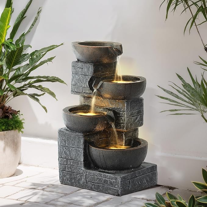 MAGIC UNION Outdoor Water Fountain, 4 Tiers Cascading Bowls Waterfall Indoor Fountain Garden Decor w/LED Lights, Outside Patio Resin Stacked Stones Fountains for Yard, Deck and Porch (Brown)