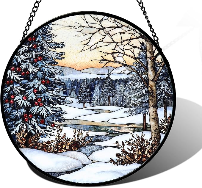 DASTOLL Stained Glass Window Hanging, Winter Snow Landscape Suncatcher Diamond Glass Panel Sun Catchers Decor for Birthday for Women, Men, Wife, Aunt, and Mom 9.8 in