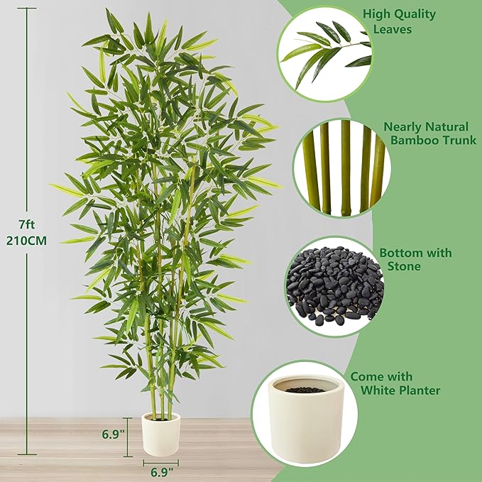 7ft Artificial Bamboo Tree, 84” Tall Fake Bamboo Plant with White Planter, Faux Trees with 5 Trunks for Indoor Outdoor Home Garden Livingroom Office Décor