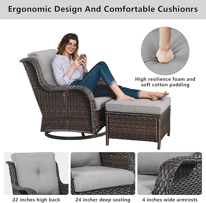 Belord Wicker Patio Furniture Sets - 8 Piece Rattan Outdoor Furniture Conversation Sets with 4 Swivel Rocker Chairs, Rattan Sofa, Wicker Ottomans and Coffee Table, Brown/Grey