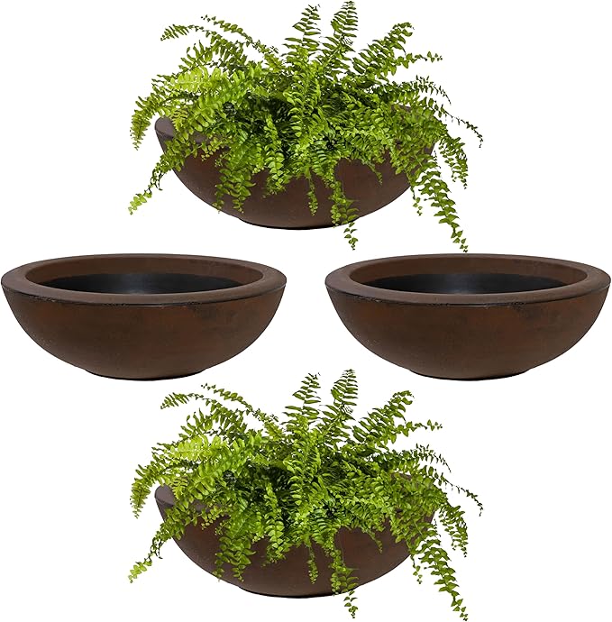 Sunnydaze Percival 20.75" Shallow Outdoor Planter Bowl for Flowers and Succulents - Polyresin Double-Walled Design - Rust - Set of 4