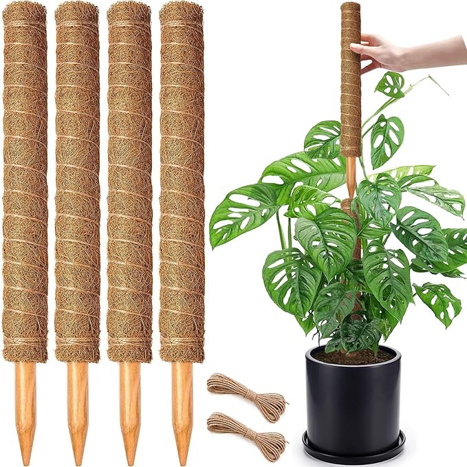 4 Pack 18 Inch Moss Pole, Stackable Moss Poles for Climbing Plants Monstera, Tall Plant Sticks Accessories, Large Coir Plant Support Stakes for Potted Plants Indoor, Pothos, Philodendron