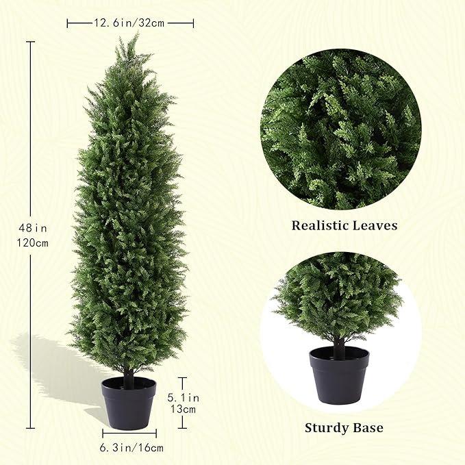 Azoco 4ft Faux Cedar Topiary for Outdoor Planters, Large Artificial Trees Set of 2, UV Rated Fake Plants with Pot for Front Porch Outside Decor 4 Feet Tall