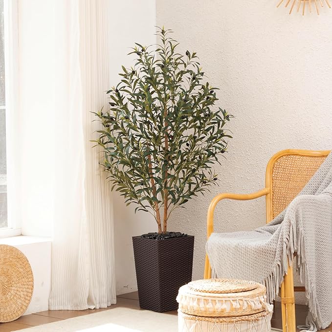 OAKRED Artificial Olive Tree 5FT Faux Olive Tree - Adjustable Branches UV Resistant with Brown Taper Planter and Pebbles - Faux Plants Indoor for Living Room, Office Decor and Bedroom