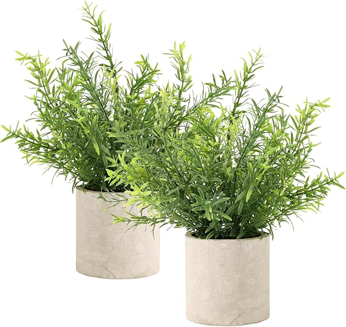 ALAGIRLS 2 Pack Small Fake Plants, 10" Artificial Rosemary Plants Indoor, Small Faux Plants in Pulp Pot for Bathroom Bedroom Kitchen Office Living Room Decor