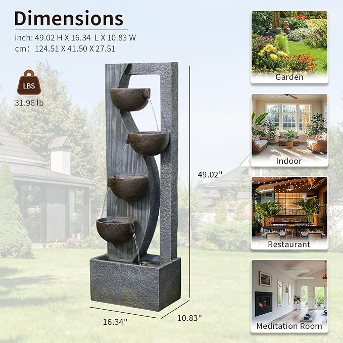 Outdoor Waterfall Fountain 5 Tier Tall Design 49.2 Inch Water Fountain with LED Lights and Pump Decorative Water Feature for Garden Patio Backyard