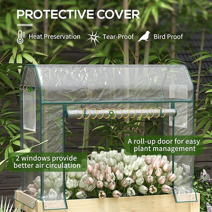 Outsunny Raised Garden Bed with Plastic Greenhouse Cover and Bed Liner, Outdoor Elevated Wood Planter Box for Herbs and Vegetables, Use for Patio, Backyard, Balcony, 45 x 24 x 65 inch, Natural