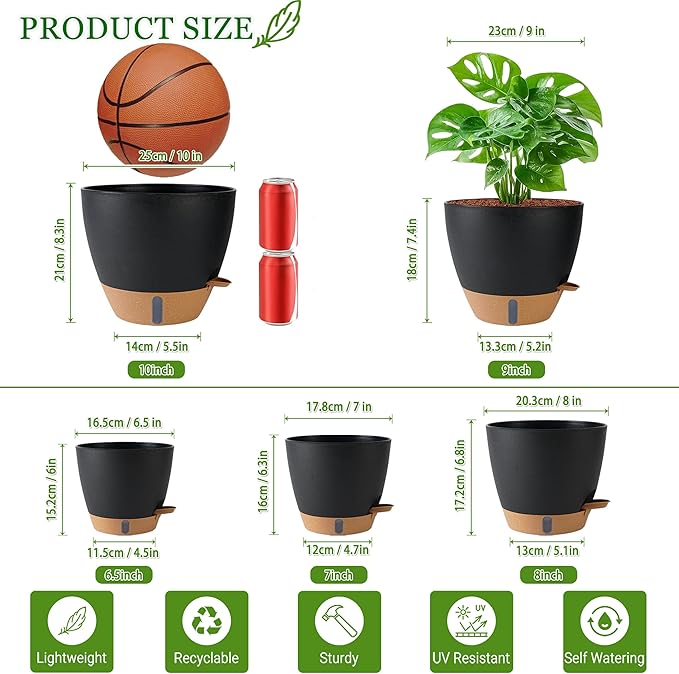 Fielda Self Watering Pots for Inoor Ourdoor Plants 10/9/8/7/6.5 Inch Plastic Planters with Drainage Holes & Water Level Indicator, Decorative House Flower Nursery Planting Pots with Saucers (Black)
