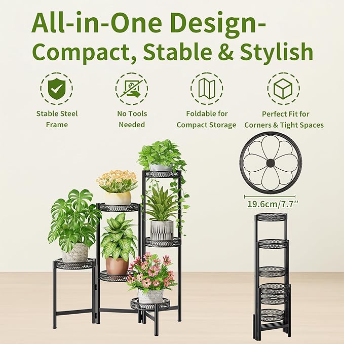 NQW 6 Tier Large Plant Stand Indoor with 7.9-Inch Wide Drainage Tray, Tiered Corner Metal Outdoor Flower Display Holder Shelf, Folding Tall Rack for House Patio Porch Balcony Graden - BlackFlower