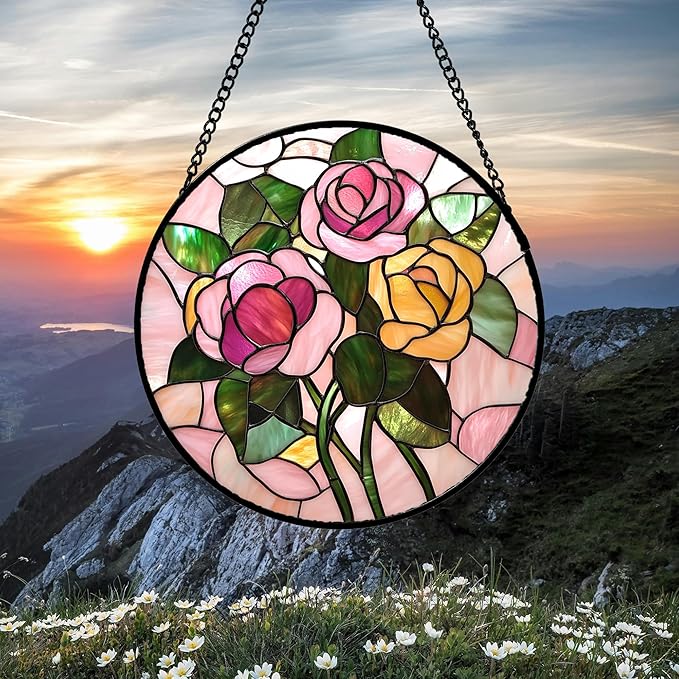 DASTOLL Stained Glass Window Hanging 4 Pcs Set Pink Floral Theme Large 15" - Flowers Suncatcher Door Garden Sun Catcher Decor Birthday Christmas for Mom Woman Nana Men Friend