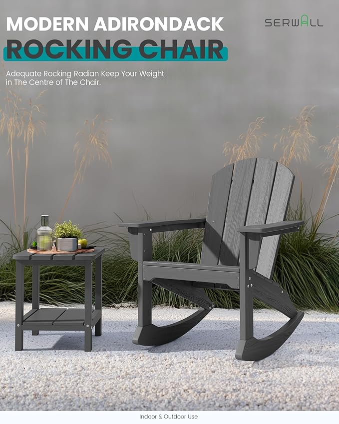 SERWALL Outdoor Adirondack Rocking Chairs Set of 6, All-Weather HDPE Adirondack Rocker Chair, Front Porch Rocker Chairs for Patio Lawn Porch Deck, Grey