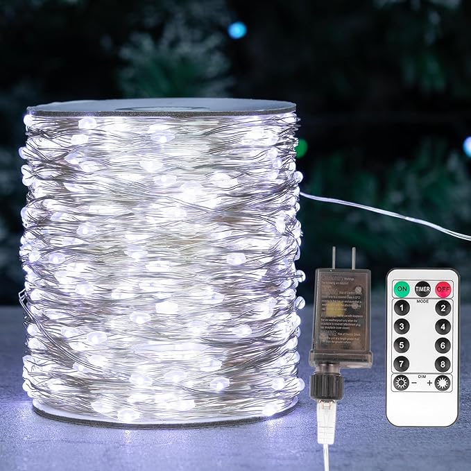 Fairy Lights Plug in,200FT 600LEDs Waterproof Led String Lights,8 Modes Remote Twinkle Light for Outdoor Indoor Christmas Wedding Birthday Garden Party Decorations,Silver Wire,Cool White