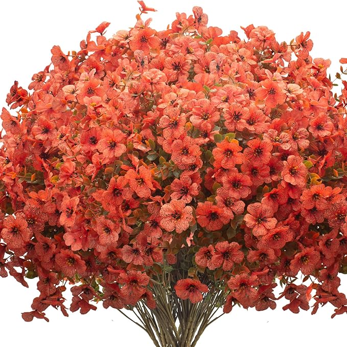 Grunyia Fall Outdoor Artificial Flowers 16 Bundles - UV Resistant Faux Daisy with Eucalyptus Leaves, Weatherproof Fake Plants for Porch, Patio, Garden Decor, Indoor Outdoor Decor (Fall Orange Red)