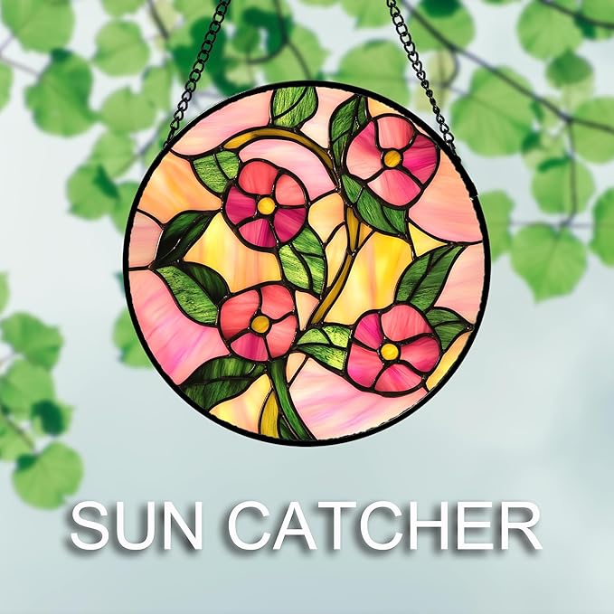 DASTOLL Stained Glass Window Hanging 4 Pcs Set Pink Floral Theme Large 15" - Flowers Suncatcher Door Garden Sun Catcher Decor Birthday Christmas for Mom Woman Nana Men Friend