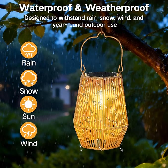 Solar Lanterns Outdoor Waterproof, Hanging Rattan Woven Solar Lights with Auto On/Off, Decorative Gifts for Garden, Yard, Patio, Tree, Porch, Lawn, Pathway & Outside Tabletop Decor