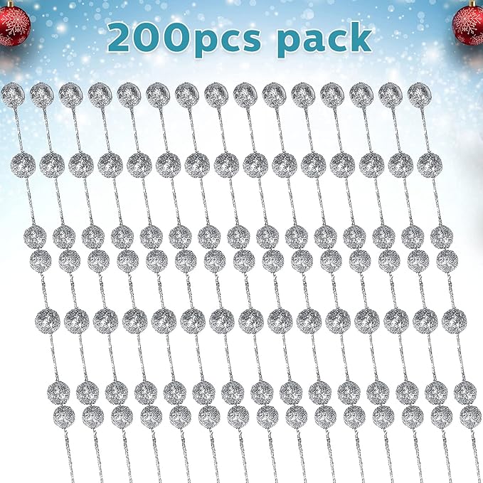 Syhood 200 Pcs Glitter Berry Stems, 13.8 Inches Christmas Berry Picks Holly Branches for Christmas Tree Decorations, Holiday Ornaments Home Decor and DIY Crafts(Silver)